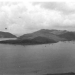 View from ‘Able’ OP looking south toward Tung Lung Island with Hong Kong Island in distance. In good weather and once one had clambered up the rough track by which it was reached it was a delightful spot. Here you see the typical lowering sky of the monsoon season.
