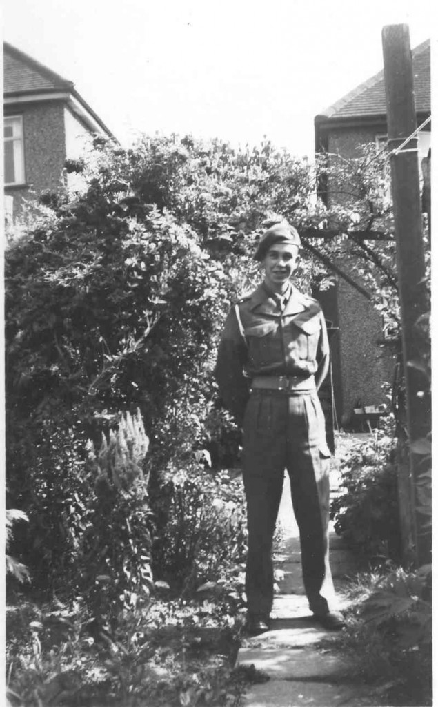 The fresh recruit, 22152933 Gunner J L Flann, July 1949, aged 18, at home on my first leave. Through National Service, I am in the Royal Artillery, but not yet of it.